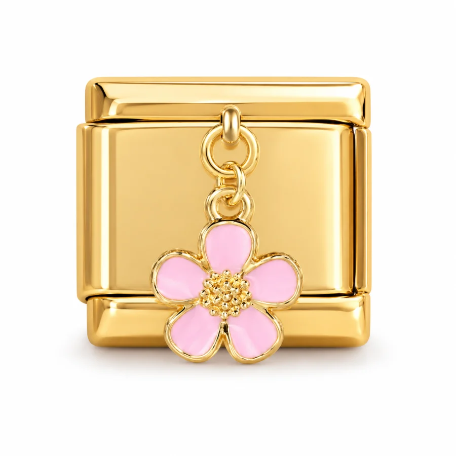 Illustrative gold Dangling Pink Flower Italian charm